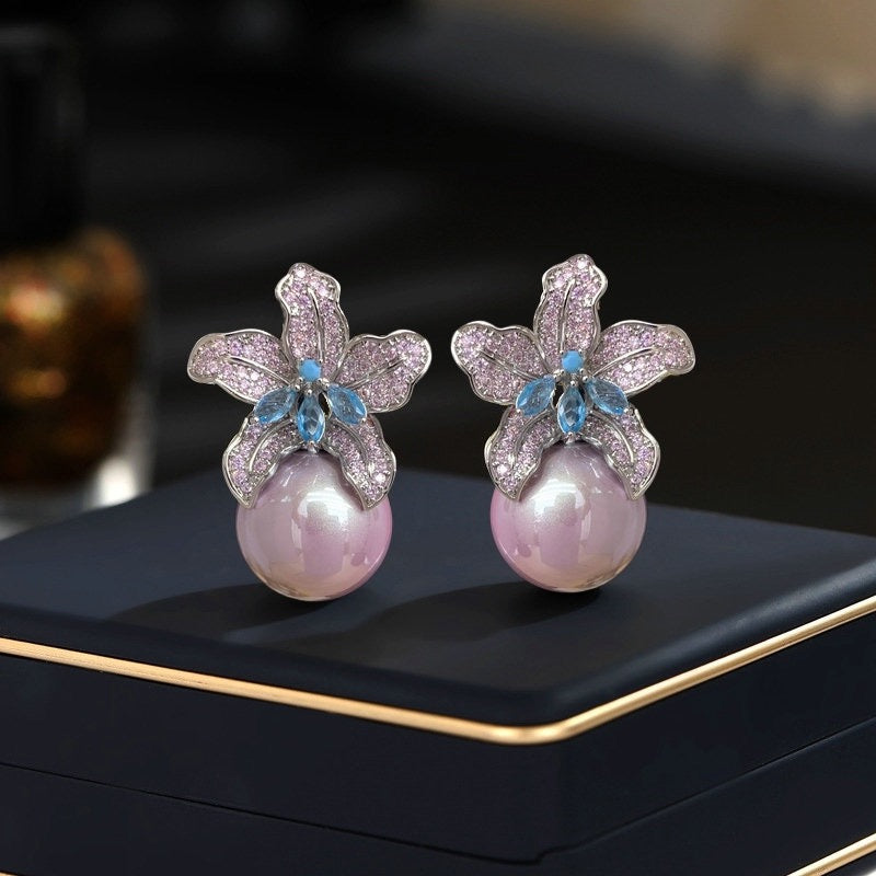 150.Lily Flower Pearl Stud Earrings